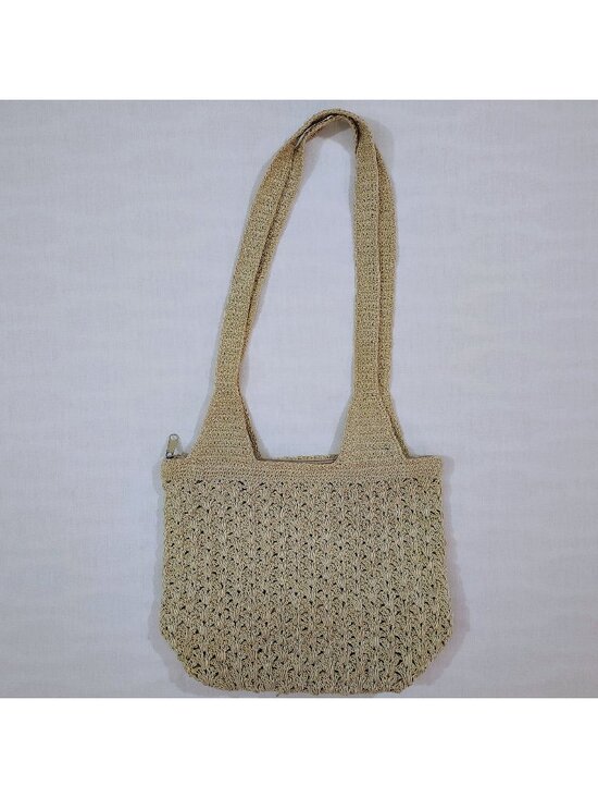 Handbags - Woven Shoulder Bag Beige Zipper Lightweight Summer Tote Durable Crochet Design